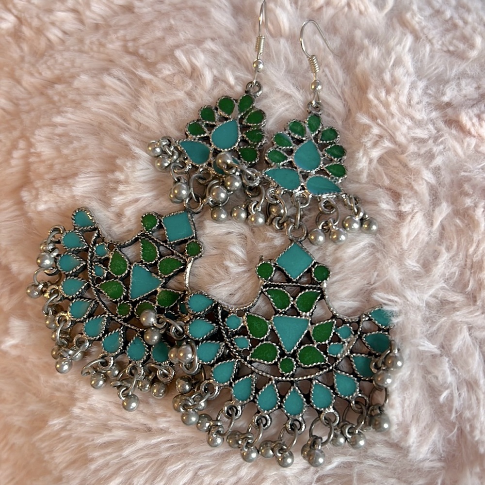Peacock blue silver earrings